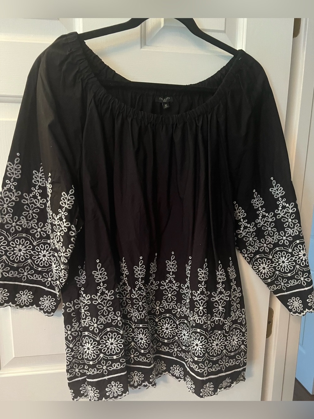 Talbots Black Peasant Top with White Embroidery